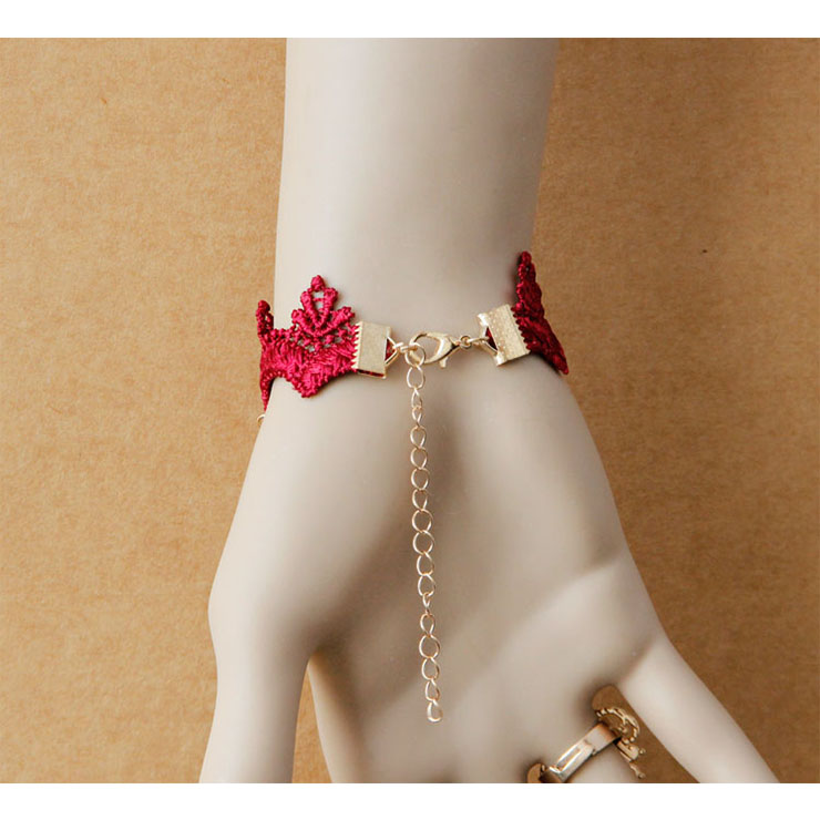 Vintage Bracelet, Retro Golden Heart Bracelet, Cheap Wristband, Gothic Red Bracelet, Victorian Red Lace Bracelet, Retro Red Wristband, Bracelet with Ring, #J18085