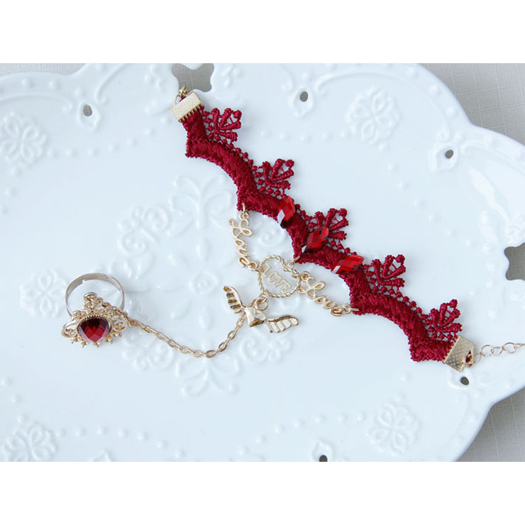 Vintage Bracelet, Retro Golden Heart Bracelet, Cheap Wristband, Gothic Red Bracelet, Victorian Red Lace Bracelet, Retro Red Wristband, Bracelet with Ring, #J18085