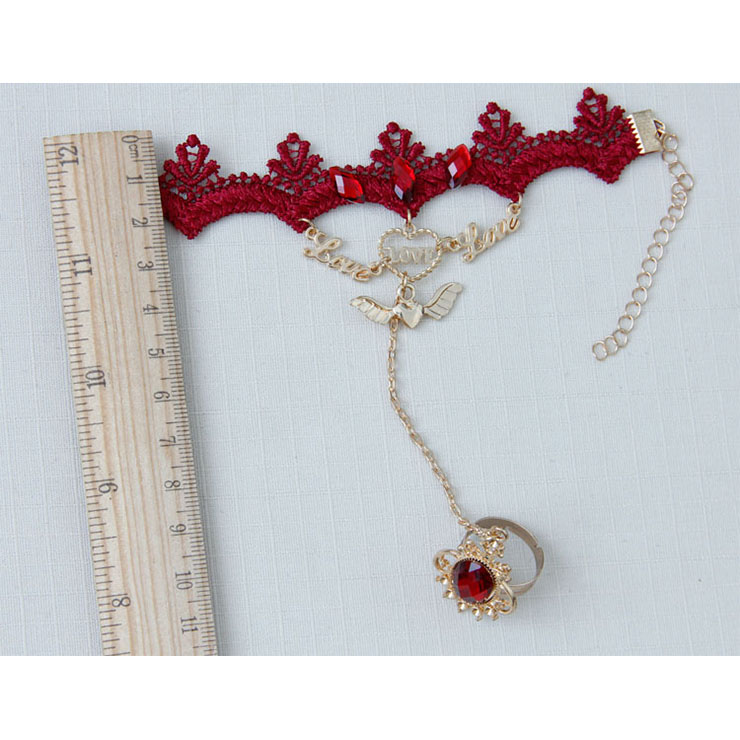 Vintage Bracelet, Retro Golden Heart Bracelet, Cheap Wristband, Gothic Red Bracelet, Victorian Red Lace Bracelet, Retro Red Wristband, Bracelet with Ring, #J18085