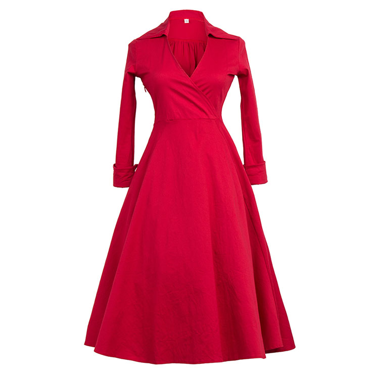 Elegant Red V Neck Long Sleeve High Waist Belted Vintage Midi Dress N22670