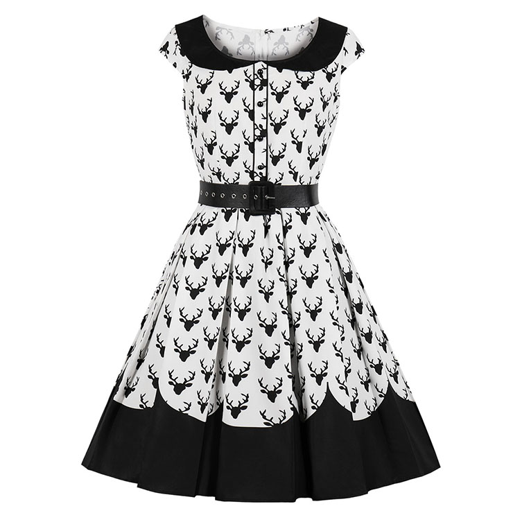 Vintage Black and White Reindeer Print Lapel Short Sleeves High Waist Midi Dress N18647