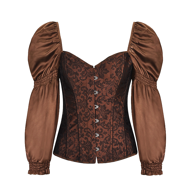 Vintage Renaissance Jacquard Brocade 12 Steel Boned Puff Sleeve Overbust Corset Top N19576