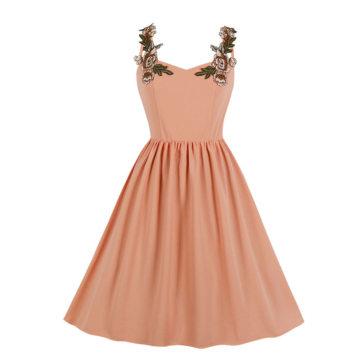 Elegant Flower Embroidery Spaghetti Straps High Waist A-line Party Swing Dress N19198