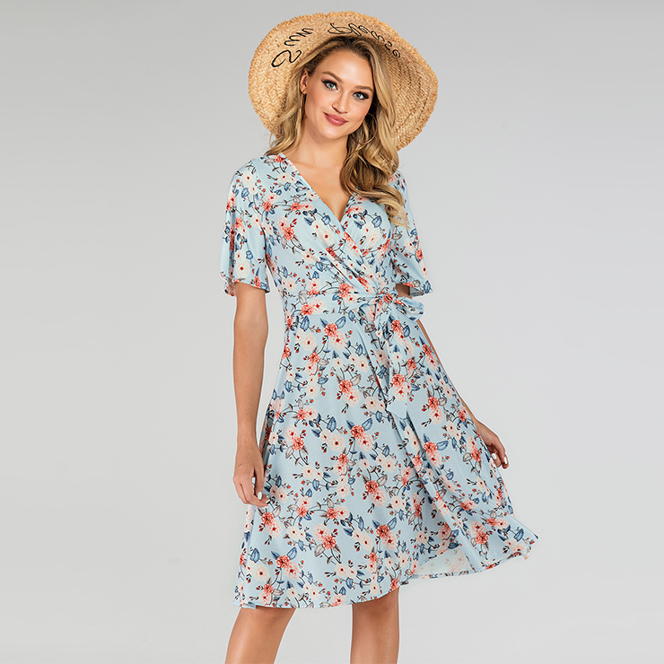 Vintage Light-blue Floral Printed Low-cut Tying Short Sleeve High Waist ...