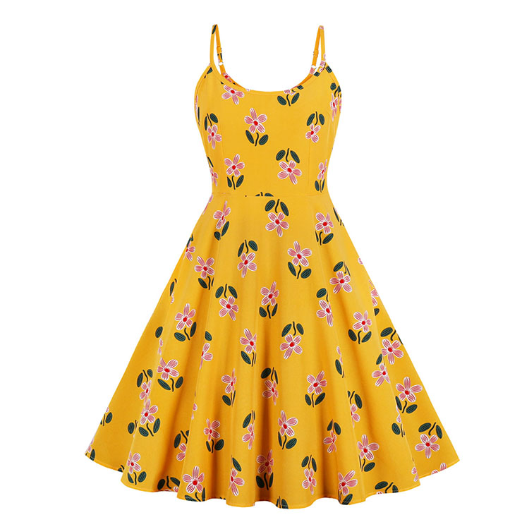 Retro Flower Print Spaghetti Straps High Waist Casual A Line