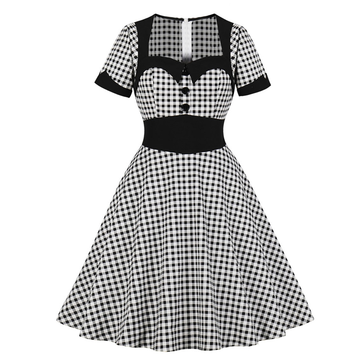 Vintage Black and White Check Lapel Short Sleeve High Waist A-line Midi Dress N19142