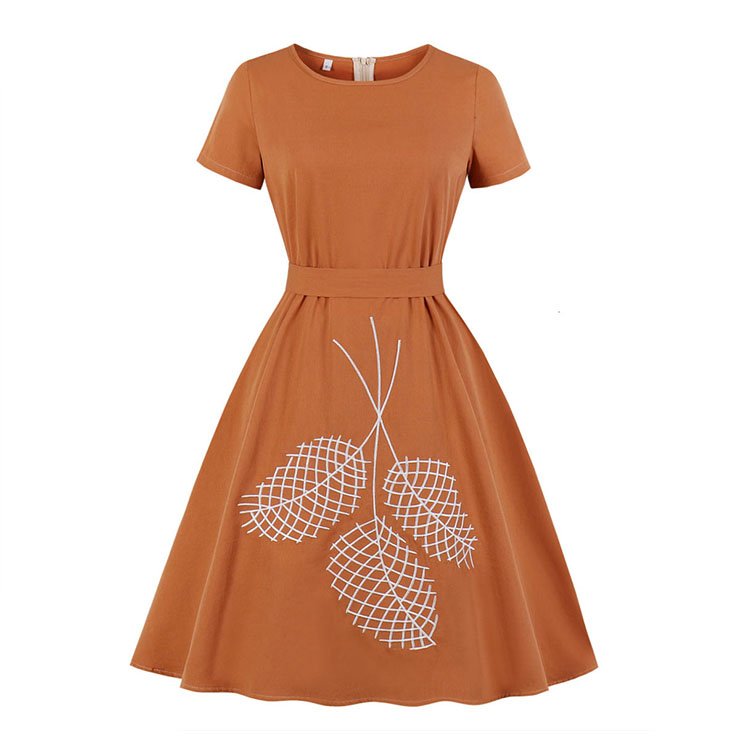 Elegant Leaves Embroidered Round Neck Short Sleeve Belted A-line Day Dress N19239