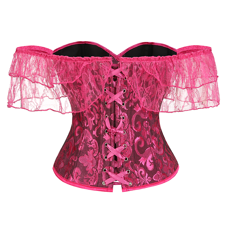 Vintage corset, Pink bustier, Off-shoulder top, Ruffled sleeves, Retro lingerie, Front button corset, Feminine shapewear, Themed party costume, Romantic corset top, Floral pattern lingerie #N237843