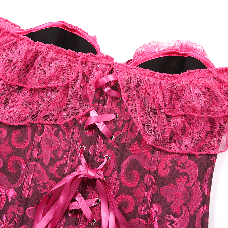 Vintage corset, Pink bustier, Off-shoulder top, Ruffled sleeves, Retro lingerie, Front button corset, Feminine shapewear, Themed party costume, Romantic corset top, Floral pattern lingerie #N237843