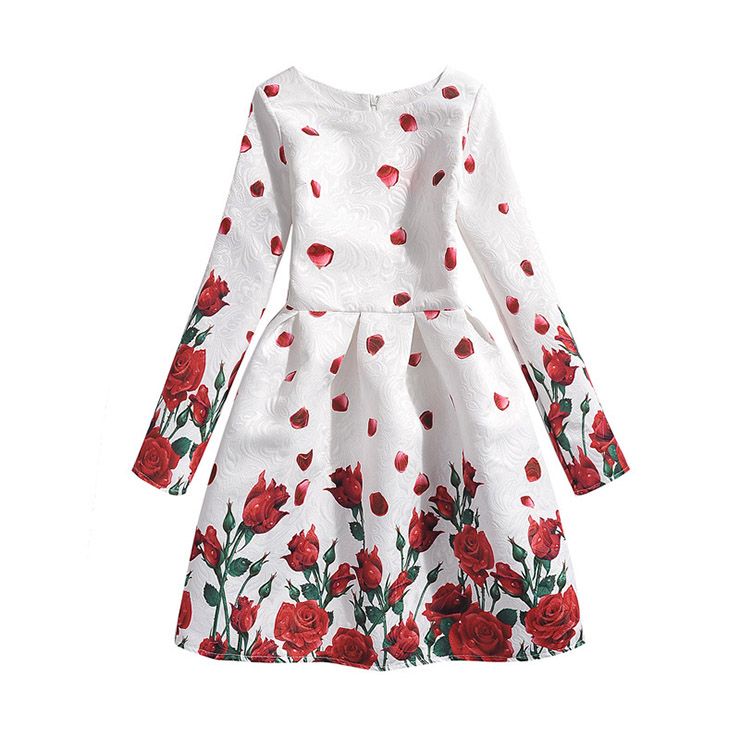 Girl's Vintage Rose Print Long Sleeve Round Collar A-Line Dress N15497