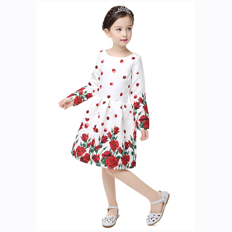 Rose Print Dress, Long Sleeve Dress, Round Collar Dress, Girls Lovely Dress, Vintage Dresses for Girls, Girls Swing Dress, Back Zipper Dress, A-Line Dress, #N15497