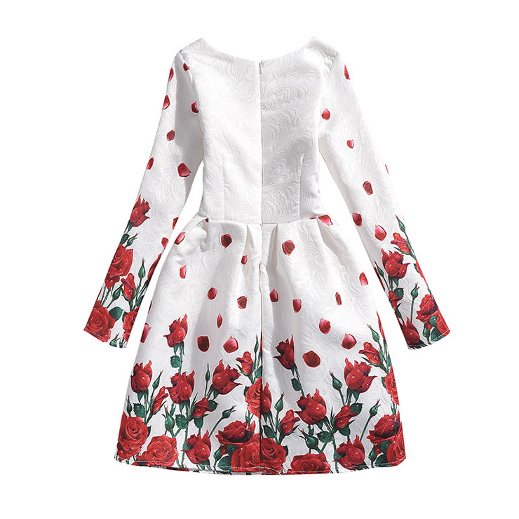 Rose Print Dress, Long Sleeve Dress, Round Collar Dress, Girls Lovely Dress, Vintage Dresses for Girls, Girls Swing Dress, Back Zipper Dress, A-Line Dress, #N15497