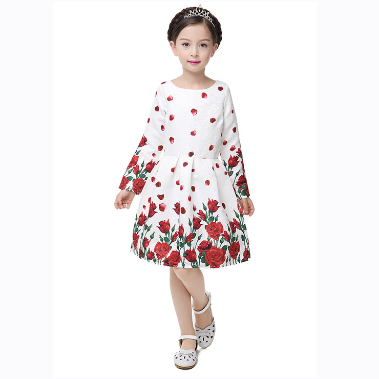 Rose Print Dress, Long Sleeve Dress, Round Collar Dress, Girls Lovely Dress, Vintage Dresses for Girls, Girls Swing Dress, Back Zipper Dress, A-Line Dress, #N15497