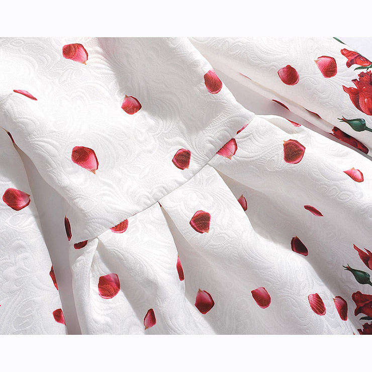 Rose Print Dress, Long Sleeve Dress, Round Collar Dress, Girls Lovely Dress, Vintage Dresses for Girls, Girls Swing Dress, Back Zipper Dress, A-Line Dress, #N15497