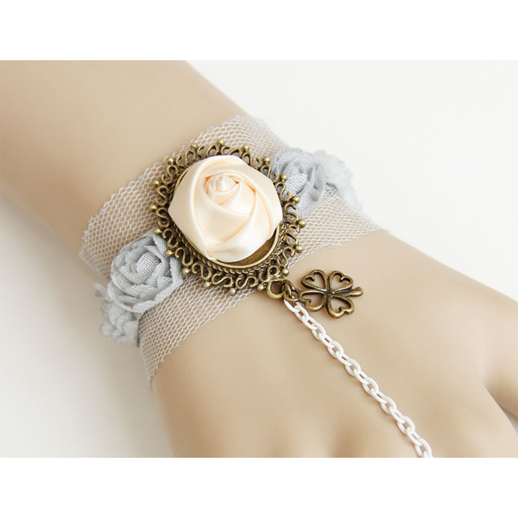 Vintage Lace Bracelet, Gothic Rose Bracelet, Cheap Wristband, Gothic White Lace Bracelet, Victorian Floral Lace Bracelet, Retro White Floral Lace Wristband, Bracelet with Ring, #J18114