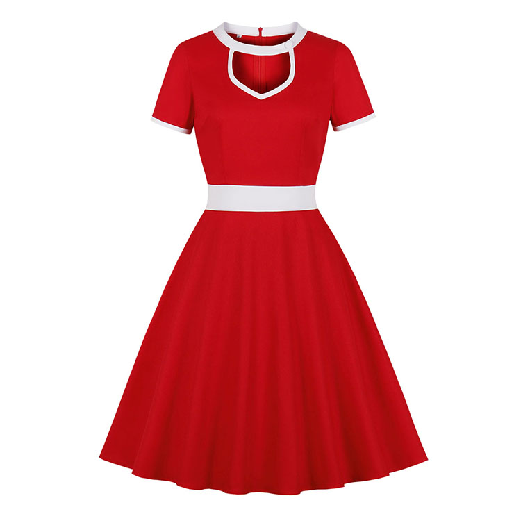 1950's Vintage Round Neck Cut-out Short Sleeves High Waist Color Blocking Cocktail Midi Dress N21487