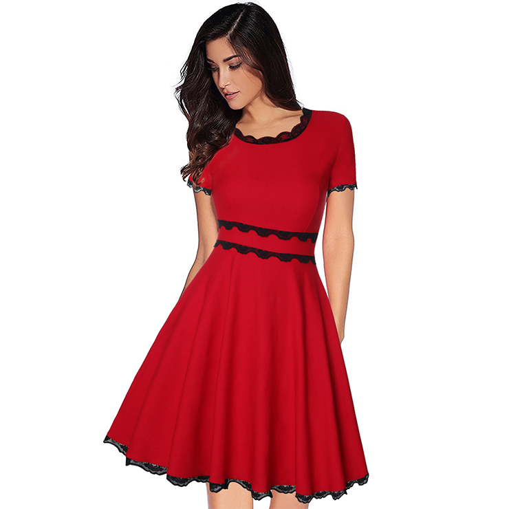 Vintage Red Round Neck Lace Trim High Waist Swing Dress N18749