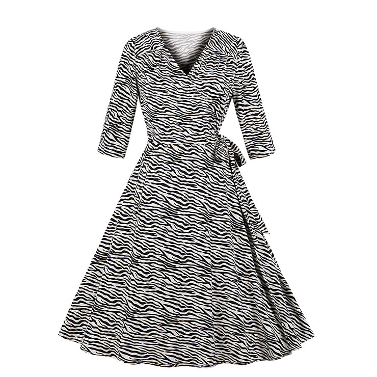 Fashion Zebra Pattern V Neck Bracelet Sleeve High Waist Party Swing Dress N18756