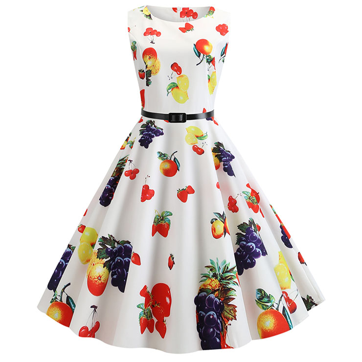 Vintage Hepburn Style Round Neckline Sleeveless Floral Print Belt Swing