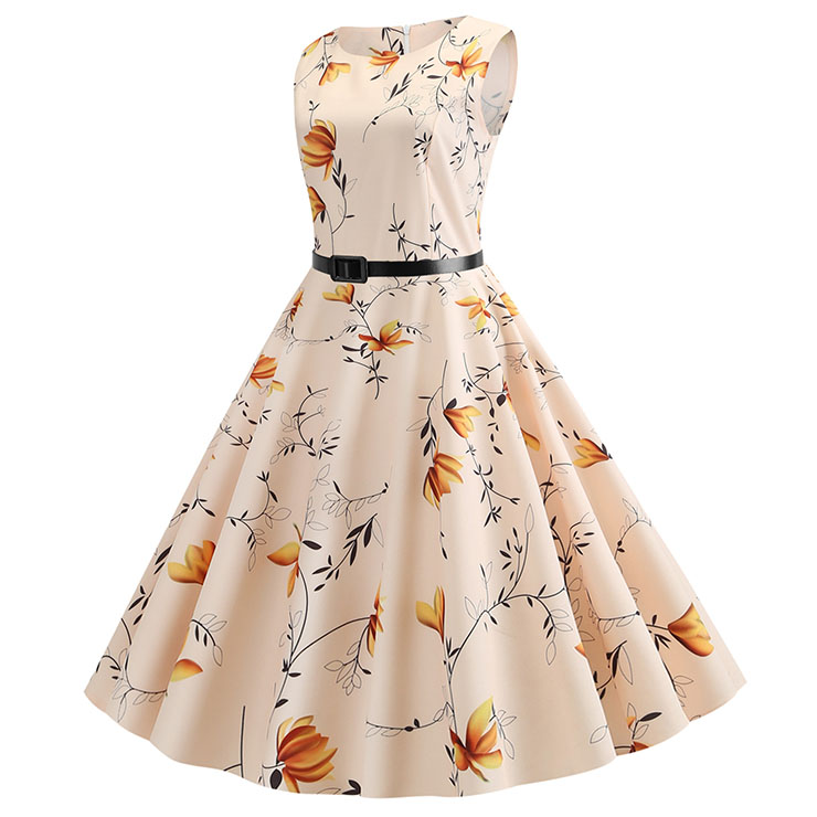 Vintage Hepburn Style Round Neckline Sleeveless Floral Print Belt Swing ...