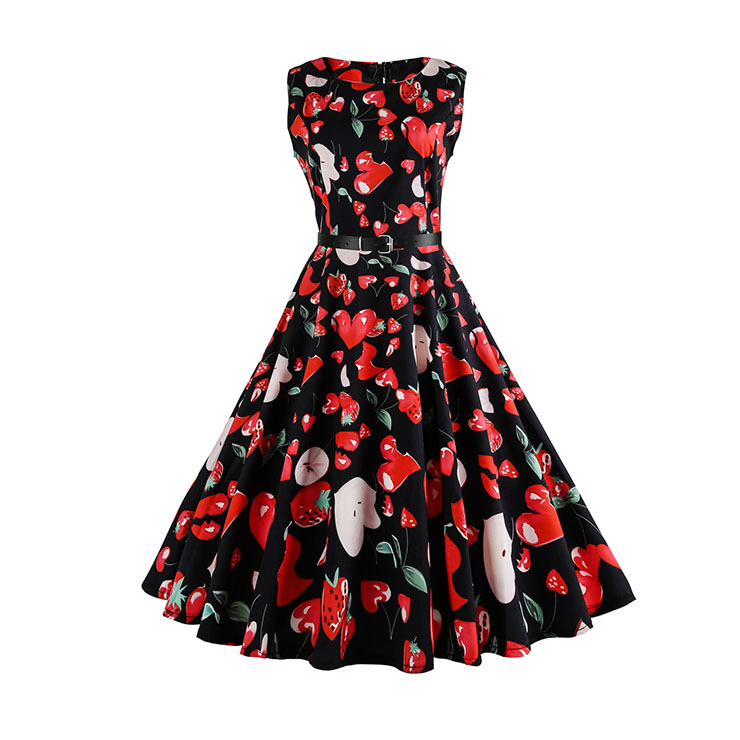 Vintage Strawberry Print Round Neckline Sleeveless High Waist Belt A-line Swing Dress N20346