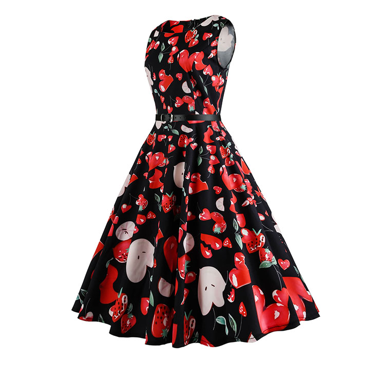 Vintage Dress for Women, Cocktail Party Dress, Vintage Sleeveless Tank Dress, A-line Cocktail Party Swing Dress, Floral Print Vintage Dress, Round Neck Vintage Day Dress, #N20346