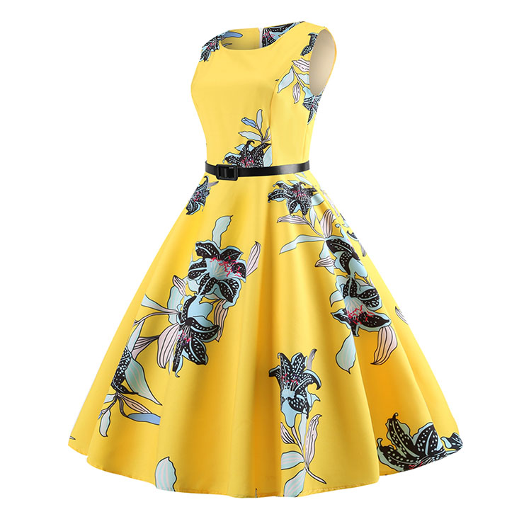Vintage Dress for Women, Cocktail Party Dress, Vintage Sleeveless Tank Dress, A-line Cocktail Party Swing Dress, Floral Print Vintage Dress, Round Neck Vintage Day Dress, Vintage Hepburn Dress, #N20358