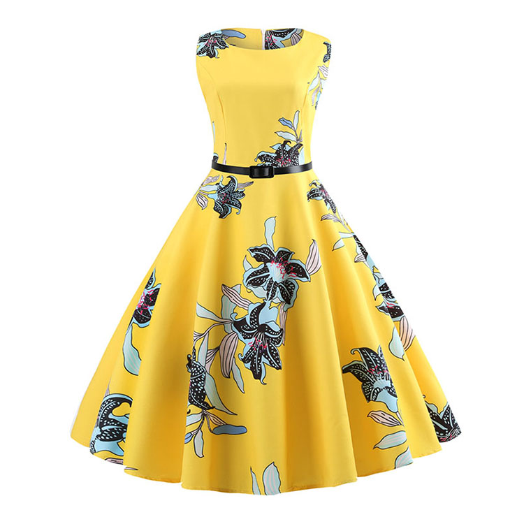 Vintage Hepburn Lily Print Round Neckline Sleeveless High Waist Belt Summer Midi Dress N20358