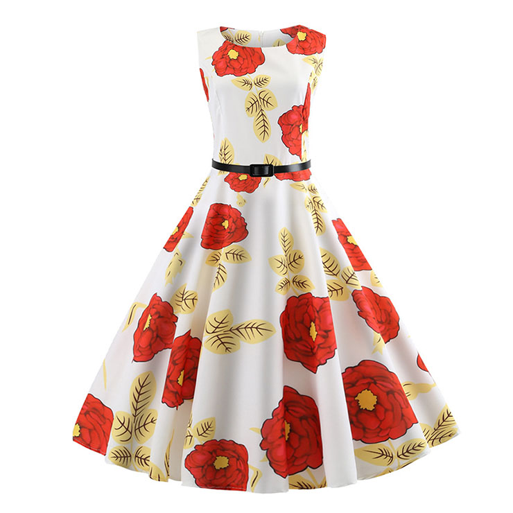 Vintage Hepburn Floral Print Round Neckline Sleeveless High Waist Belt Summer Midi Dress N20359
