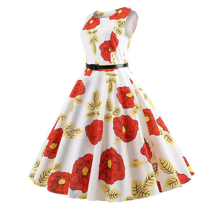 Vintage Dress for Women, Cocktail Party Dress, Vintage Sleeveless Tank Dress, A-line Cocktail Party Swing Dress, Floral Print Vintage Dress, Round Neck Vintage Day Dress, Vintage Hepburn Dress, #N20359