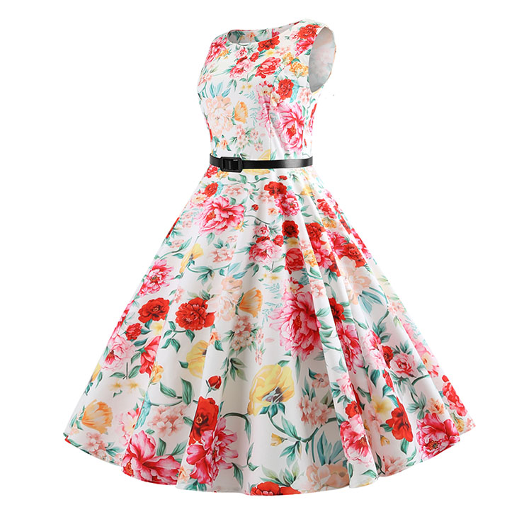 Vintage Dress for Women, Cocktail Party Dress, Vintage Sleeveless Tank Dress, A-line Cocktail Party Swing Dress, Floral Print Vintage Dress, Round Neck Vintage Day Dress, Vintage Hepburn Dress, #N20361