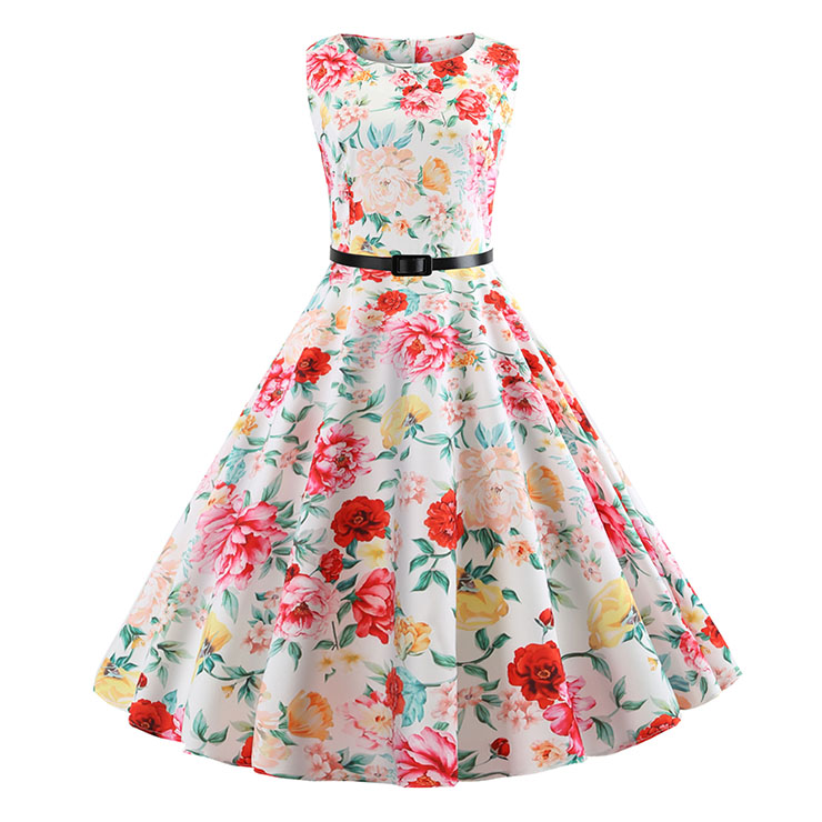 Vintage Hepburn Floral Print Round Neckline Sleeveless High Waist Belt Summer Midi Dress N20361