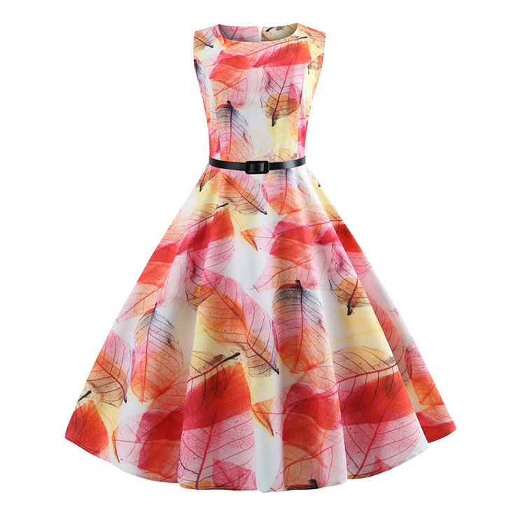 Vintage Hepburn Leaf Print Round Neckline Sleeveless High Waist Belt Summer Midi Dress N20362