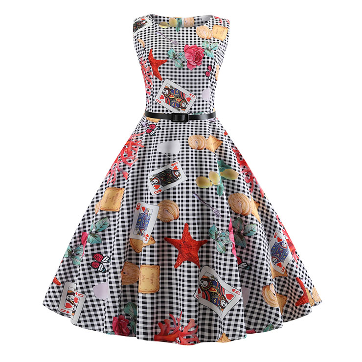 Vintage Hepburn Grid Print Round Neckline Sleeveless High Waist Belt Summer Midi Dress N20363