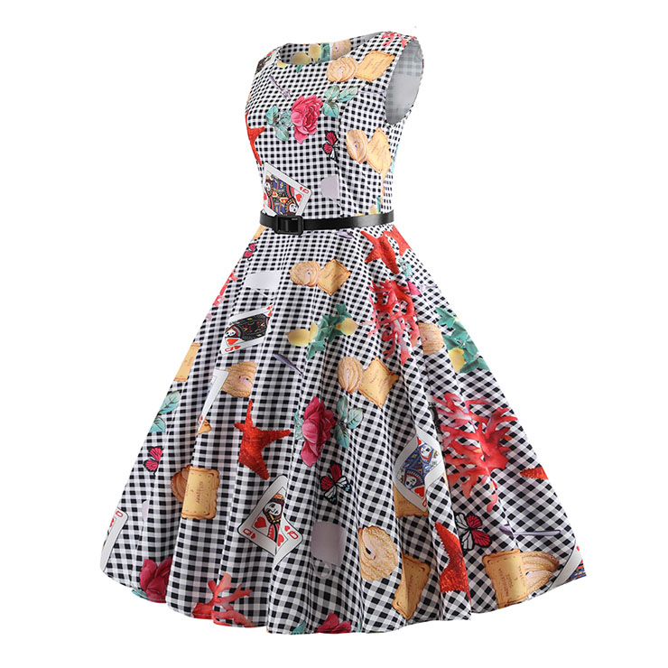 Vintage Dress for Women, Cocktail Party Dress, Vintage Sleeveless Tank Dress, A-line Cocktail Party Swing Dress, Floral Print Vintage Dress, Round Neck Vintage Day Dress, Vintage Hepburn Dress, #N20363