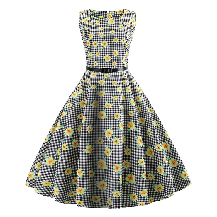Vintage Hepburn Grid Print Round Neckline Sleeveless High Waist Belt Summer Midi Dress N20364