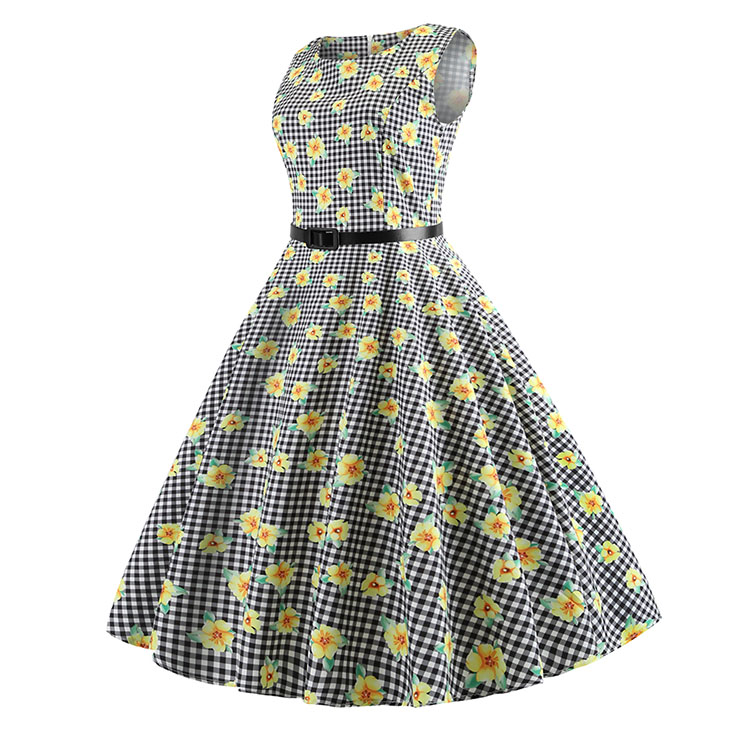 Vintage Dress for Women, Cocktail Party Dress, Vintage Sleeveless Tank Dress, A-line Cocktail Party Swing Dress, Floral Print Vintage Dress, Round Neck Vintage Day Dress, Vintage Hepburn Dress, #N20364