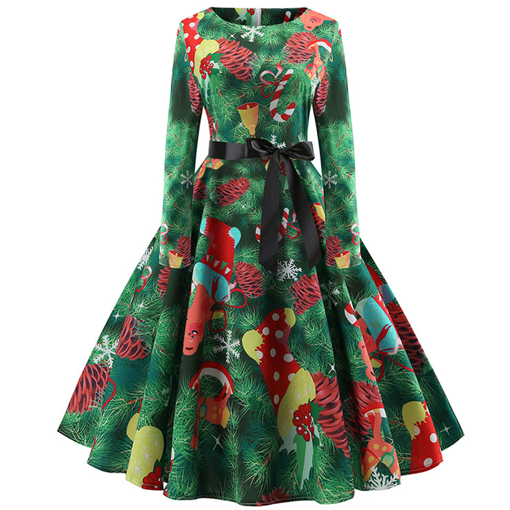 Vintage Round Neckline Christmas Tree Pattern Print Long Sleeves High Waist Evening Dress N18567