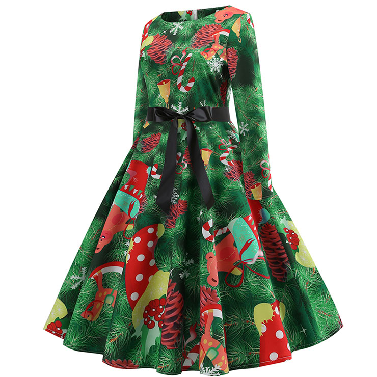 Fashion Christmas Tree Pattern Print Dresses for Women, Vintage Dresses for Women Cocktail Party, Vintage High Waist Dress, Christmas Tree Patterns Dress, Long Sleeves Swing Daily Dress, Vintage Christmas Tree Pattern Print Swing Dress, Long Sleeves Evening Dress, #N18567