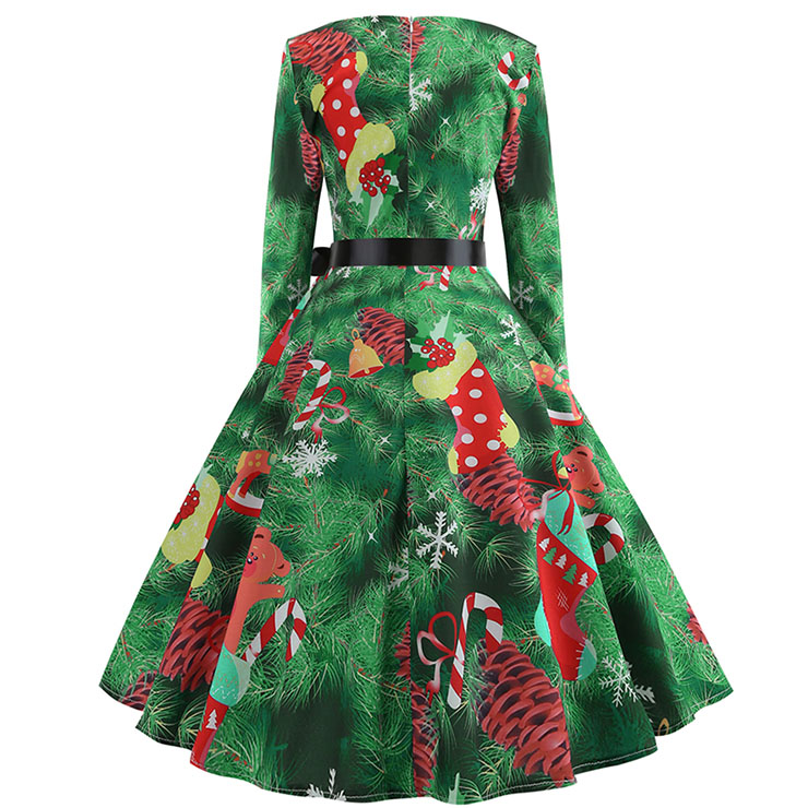 Vintage Round Neckline Christmas Tree Pattern Print Long Sleeves High