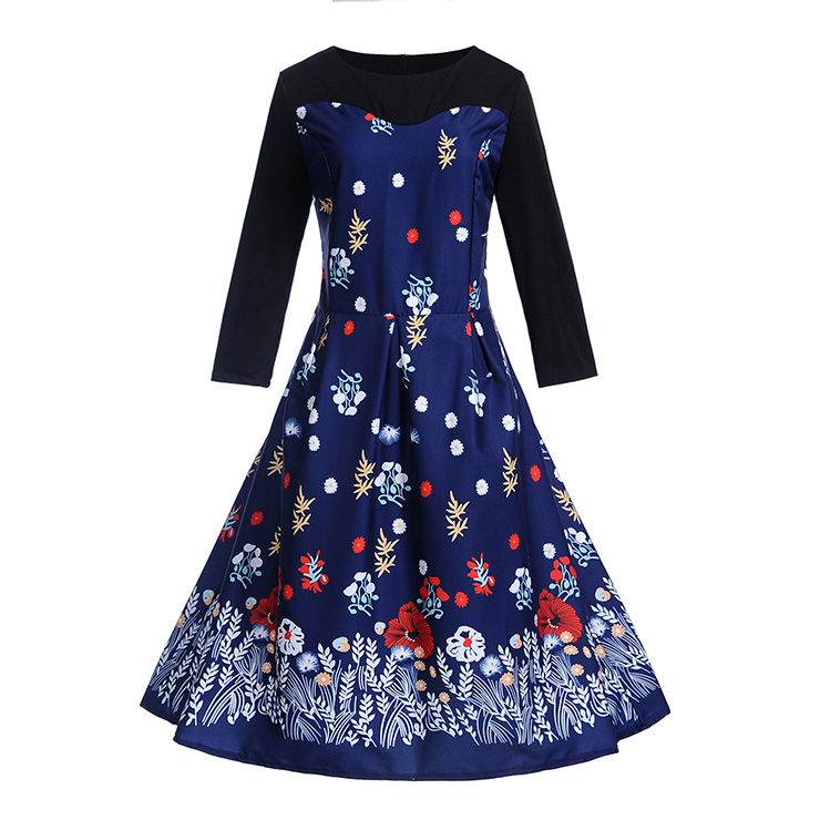 Vintage Round Neckline Flowers and Leaves Print Long Sleeves High Waist Evening Dress N18288