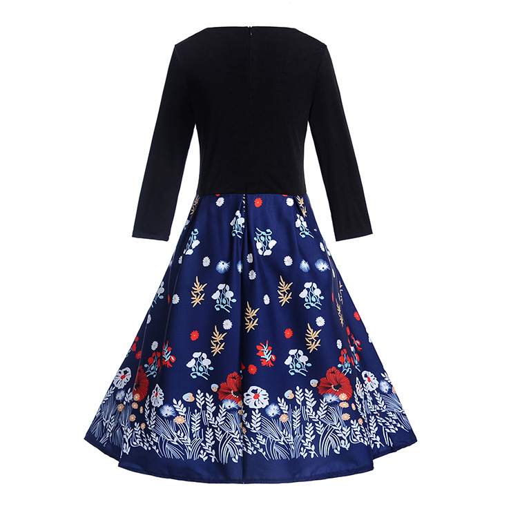 Fashion Flower Print Dresses for Women, Sexy Dresses for Women Cocktail Party, Vintage High Waist Dress, Flower Patterns Dress, Long Sleeves Swing Daily Dress, Vintage Floral Print Swing Dress, Long Sleeves Evening Dress, #N18288