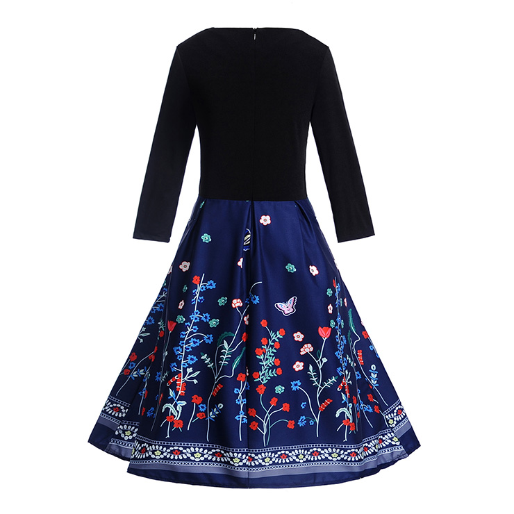 Fashion Flower Print Dresses for Women, Sexy Dresses for Women Cocktail Party, Vintage High Waist Dress, Flower Patterns Dress, Long Sleeves Swing Daily Dress, Vintage Floral Print Swing Dress, Long Sleeves Evening Dress, #N18289