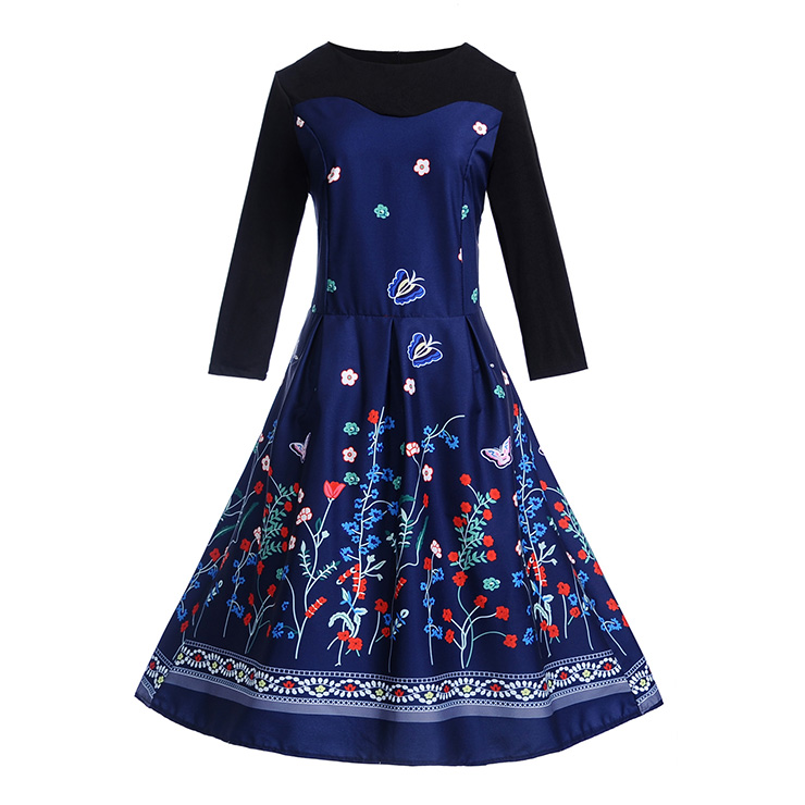 Vintage Round Neckline Butterflies and Flowers Print Long Sleeves High Waist Evening Dress N18289