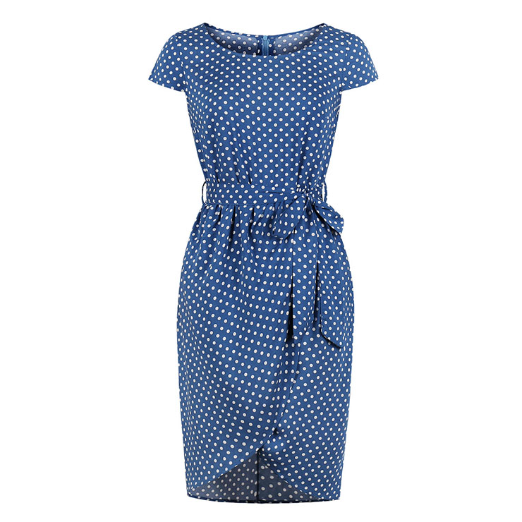 Vintage Royal Blue Polka Dots Round Neck High Waist Midi Tube Dress N18696
