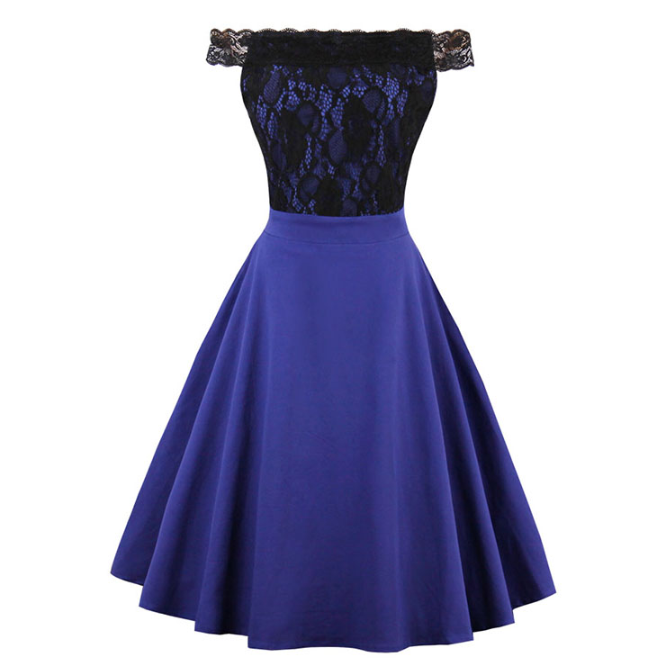 Women's Vintage Royalblue Off Shoulder Lace Overlay Swing Cocktail Dress N14441