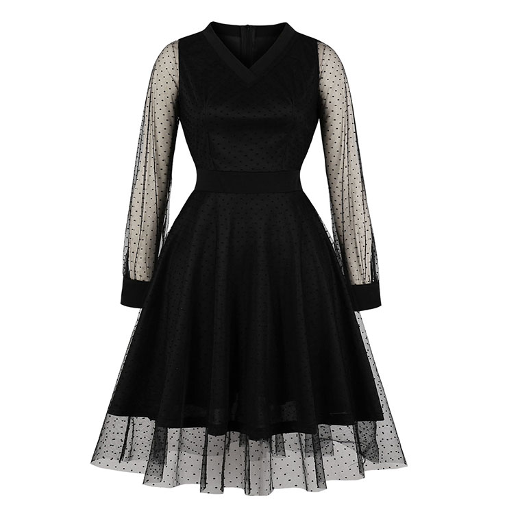 Sexy Black V Neck Sheer Mesh Overlay Long Sleeve High Waist Party Midi Dress N19802