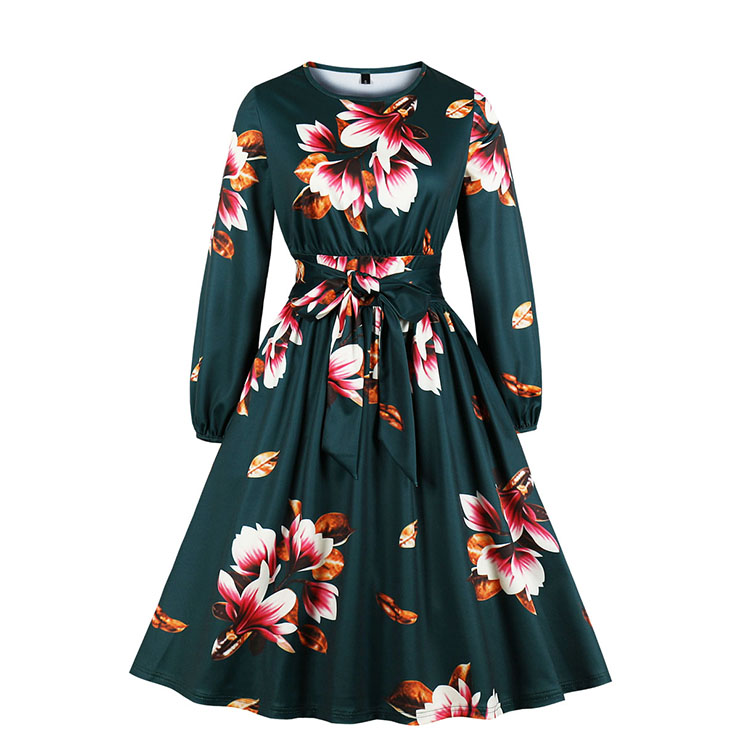 Fashion Kapok Print Round Neck Long Sleeve High Waist Midi Belt Dress N19807