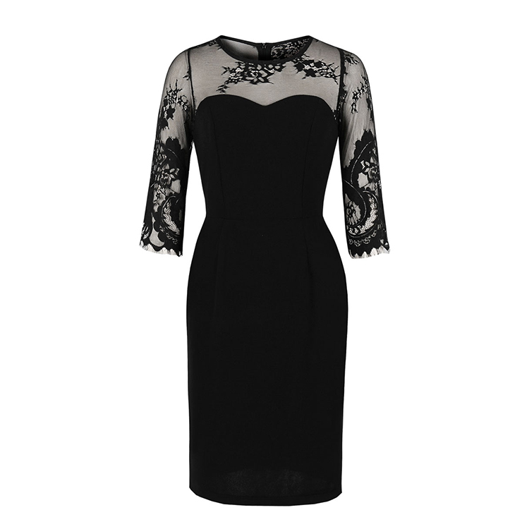 Sexy Black Sheer Floral Mesh Half Sleeve Spliced High Waist Party Midi Dress N19935