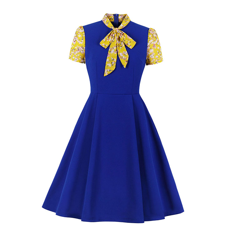 Vintage Tie Collar Short Sleeve Splicing High Waist Cocktail Party A-line Dress N20527